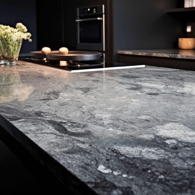 Graue Naturstein-Arbeitsplatte mit sanfter Struktur und Holzdetails